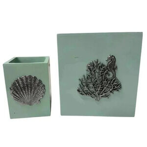 Coastal Coral/Seahorse Tissue Box Cover & Seashell Toothbrush Cup Aqua